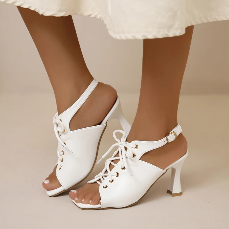 

Босоножки женские на шнуровке, пикантные туфли-лодочки на тонком высоком квадратном каблуке, с перекрестными ремешками, белые вечерние Лето 2023