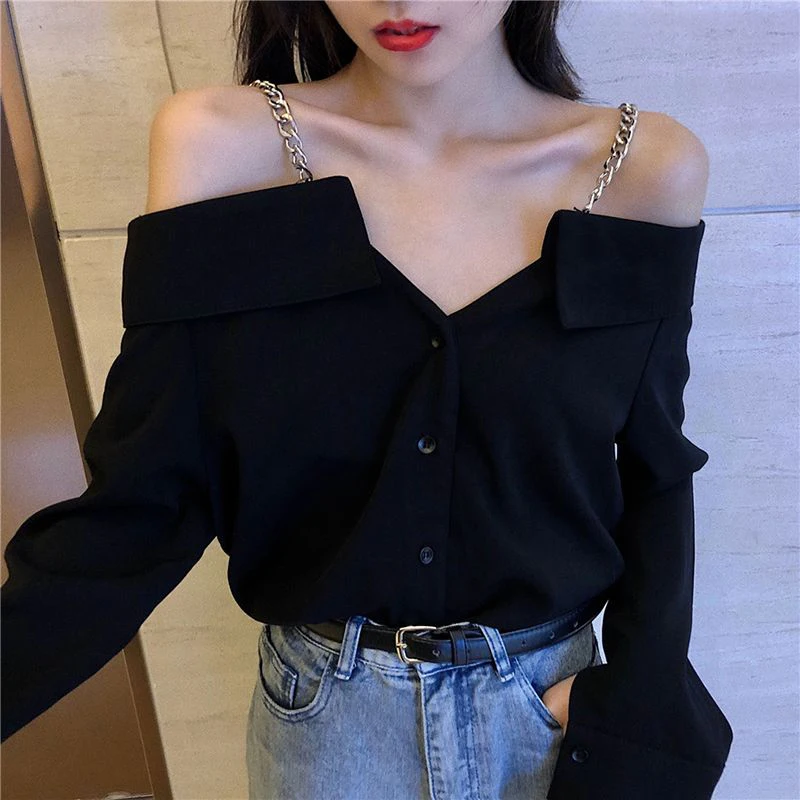

MEXZT Streetwear Off Shoulder Shirts Women Sexy Slash Neck Chain Black Blouses Office Lady Korean Elegant Solid Casual Tops New