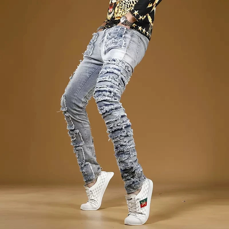 Autumn Men's Light Blue Patch Jeans Slim Fit Straight Pants Streetwear Casual Stretch Denim Trousers CP2150