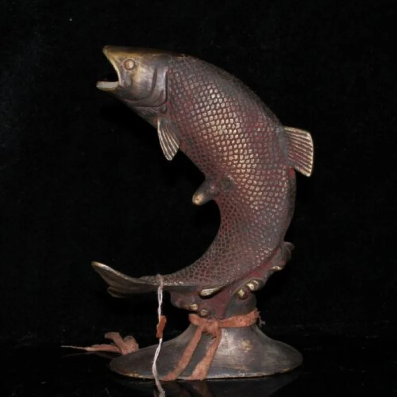 

21cm Chinese Antique Brass Statue Vintage Bronze Animal Fish Sculpture
