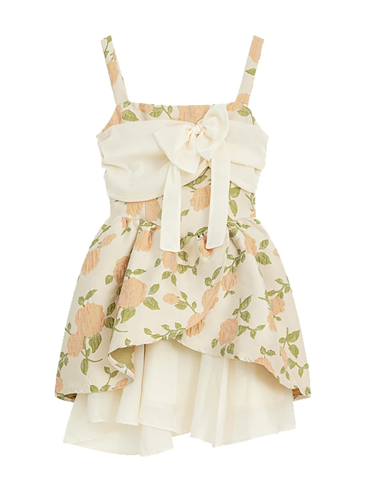 

Summer Irregular Floral Dress For Women 2023 Vintage French Fashion Bow Fairy Frocks Sexy Design Aesthetic Prom Gown Streetwear