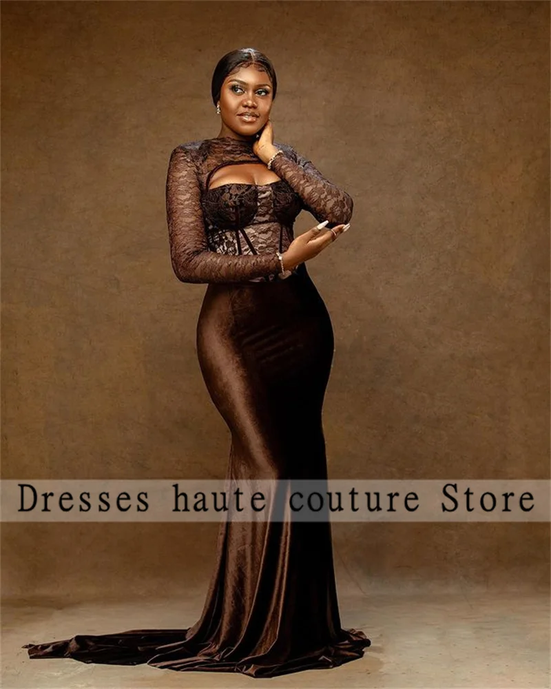 

Black Aso Ebi African Mermaid Evening Dresses Plus Size Prom Dress Embroidered Lace Long Sleeves Wedding Guest Party Gown