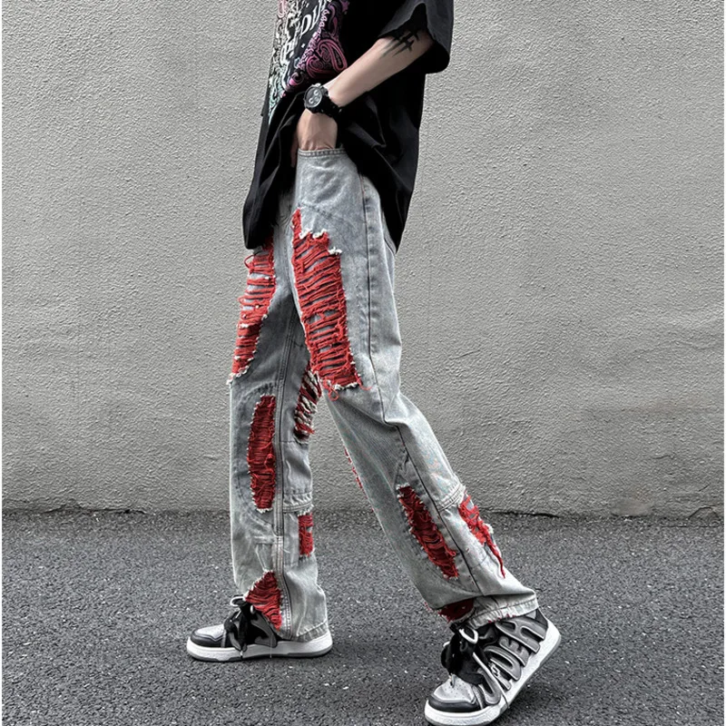 Summer 3-color Ripped Jeans Men Fashion Casual Straight Jeans Mens Japanese Streetwear Loose Hip Hop Hole Denim Trousers Men