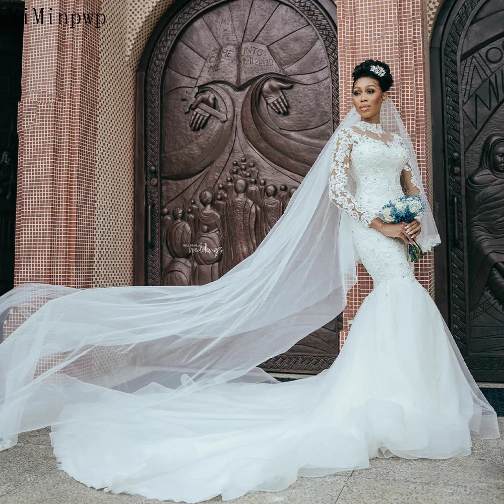 

Elegant Mermaid Wedding Dresses Africa Bridal Gowns 2022 Stand Collar Long Sleeve Sweep Train Appliques Illusion robes de mariee