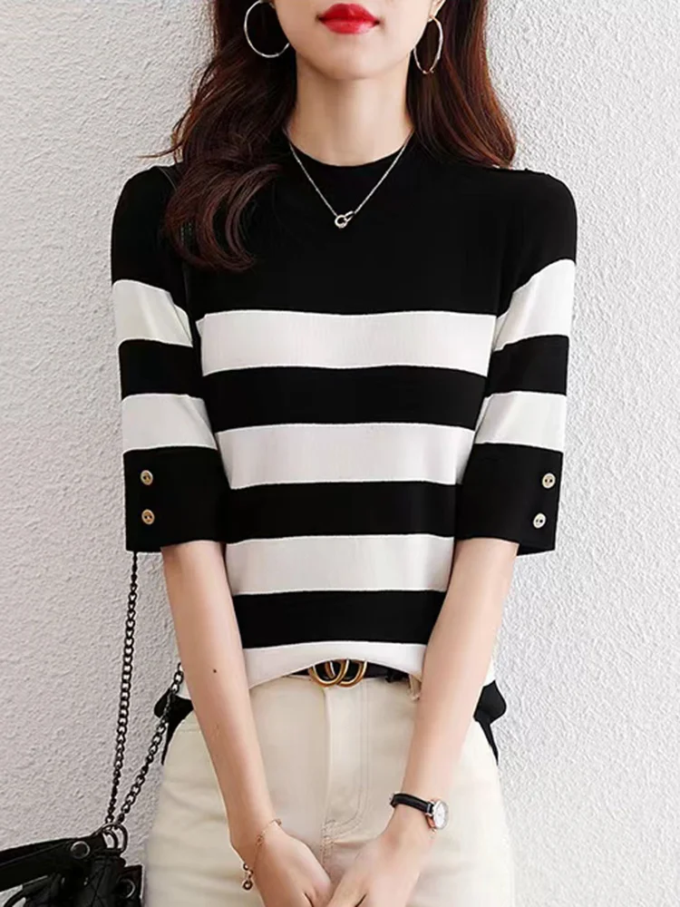 

New Striped Sweater Summer Thin Button Up Top Women Clothes Black Ladies Knitted Tops Short Sleeve Pullover Sweater Mujer