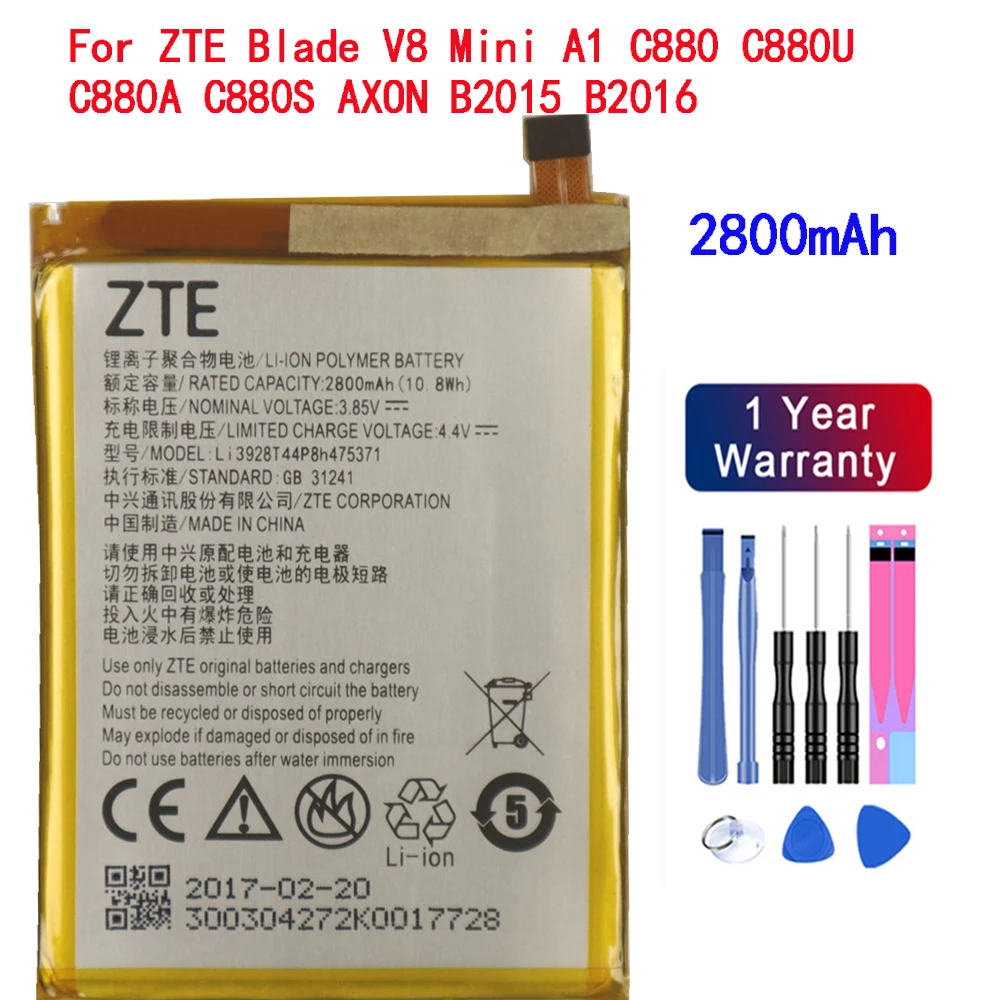 

100% NEW Original Li3928T44P8h475371 Battery For ZTE Blade V8 Mini A1 C880 C880U C880A C880S AXON B2015 B2016 2800mAh Phone