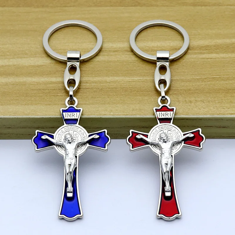 

Silver/Gold Toned Catholic Christ Saint Benedict Medal Jesus Cross key chain Red/Blue Enamel Crucifix Keyring Souvenir Gift