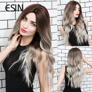 ESIN Synthetic Hair Dark Roots Ombre to Light Blonde Long Wigs For Women Natural Wave with Bangs Daily Free Shipping