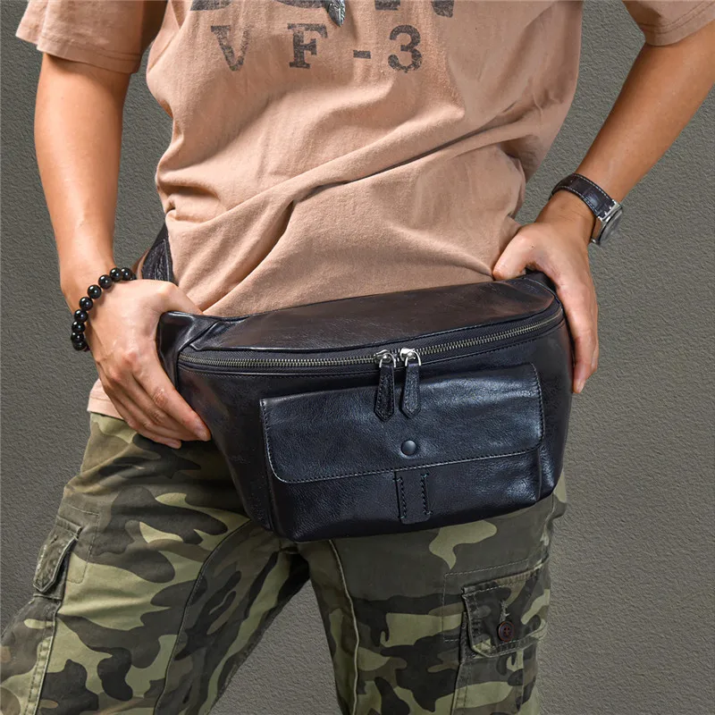 PNDME simple casual top layer cowhide men black large breast bag daily outdoor soft cowhide youth multiple pockets crossbody bag