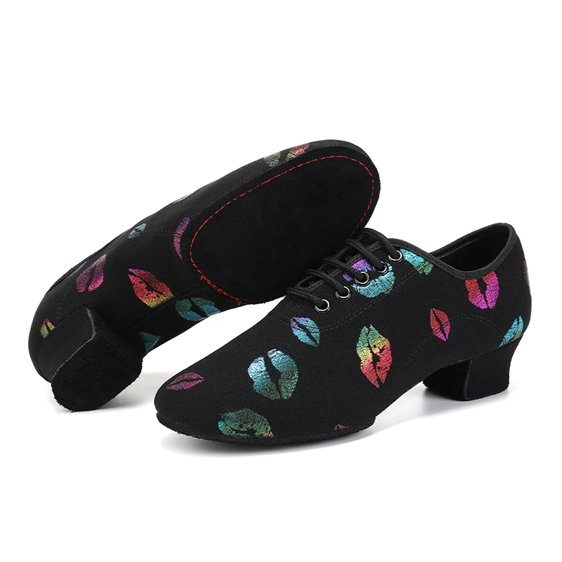 Ballroom Dancing Shoes for Women Colorful Lips Pattern Soft Suede Sole Women's Latin Dance Shoes 5CM 3.5CM Split Heel
