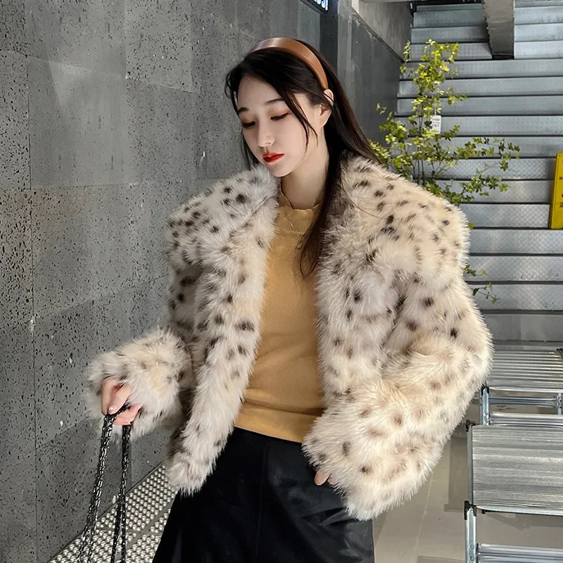 

Leopard point square collar petite short high waisted fur coat for women winter 2023 new fur collar imitation fur top wholesale