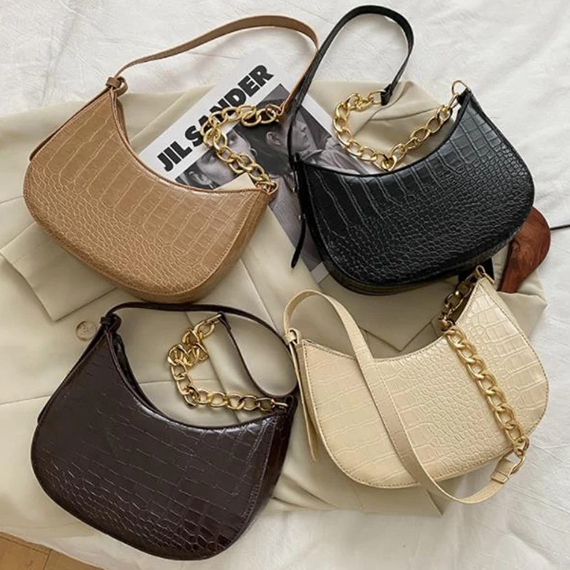 

Vintage Alligator Pattern PU Leather Ladies Tote Chain Half Moon Women Crossbody Bags