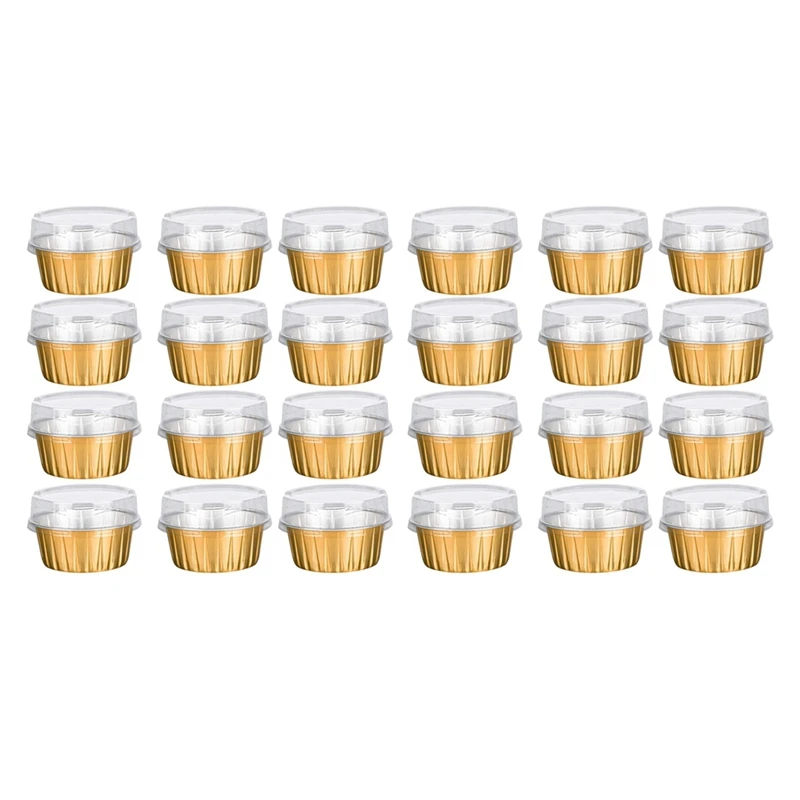 

HOT SALE Dessert Cups With Lids, 50 Pack Gold Aluminum Foil Baking Cups Holders, Cupcake Bake Utility Ramekin Clear Pudding Cups