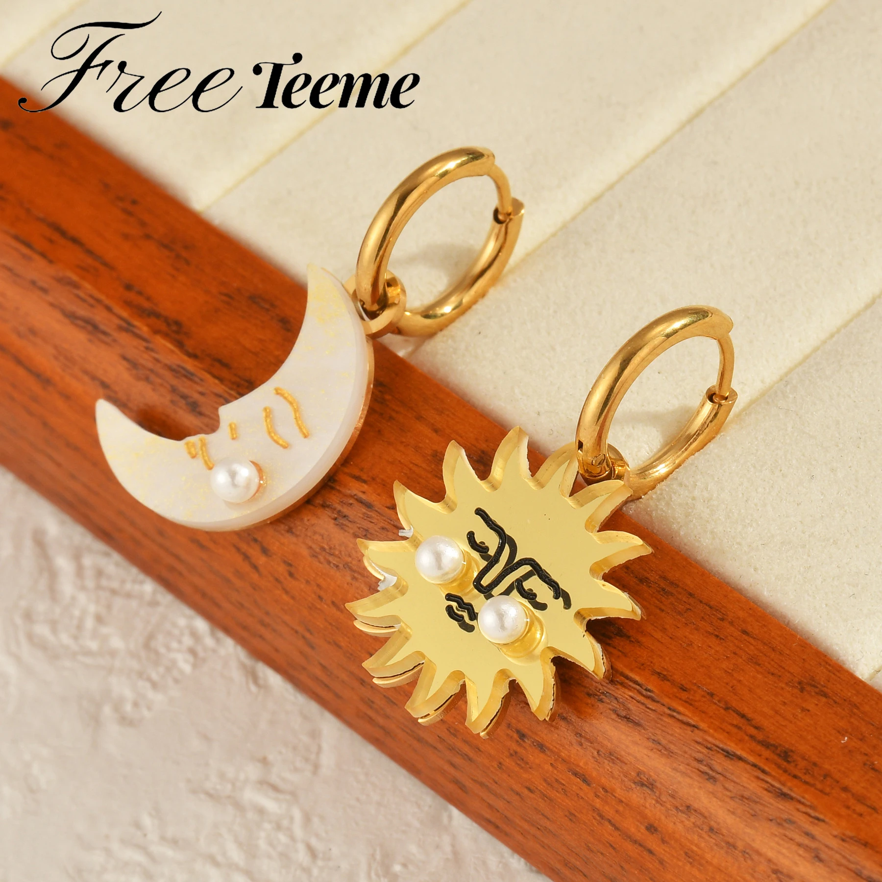 Фото Минималистичные серьги-капли Freeteeme из нержавеющей стали с пластиной «Солнце и Луна» из бисера ​ 18-каратное позолоченное пляжное женское очаровательное повседневное ювелирное изделие №1
