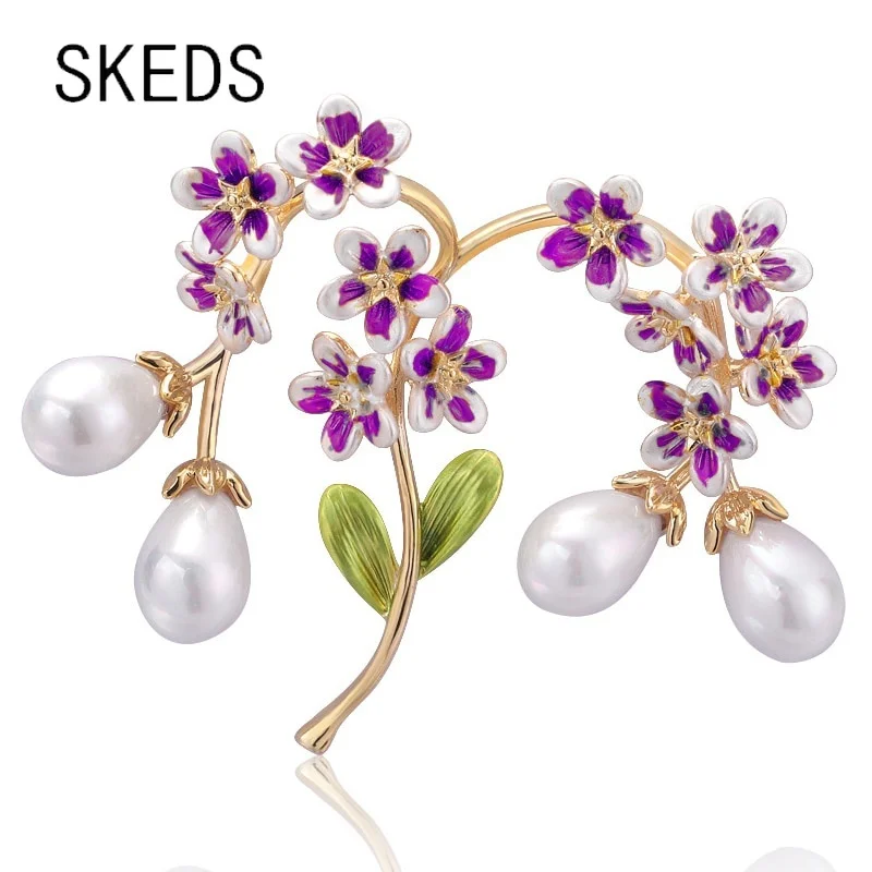 

SKEDS Vintage Peach Blossom Flower Pearl Enamel Brooches For Woman Girl Elegant Plant Wedding Party Pins Brooch Gift Jewelry