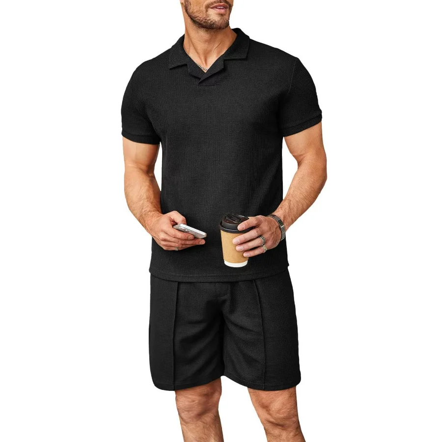 Leisure Solid Color Ribbed Two Piece Sets Men Fashion Short Sleeve Lapel Polo Shirts And Shorts Suits For Men's Summer Clothing
