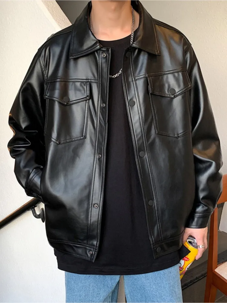 

Man Faux Leather Jacket Black Solid Color Hip Hop Jacket Leather Male Oversize Streetwear Pockets Locomotive Causal Man Coats