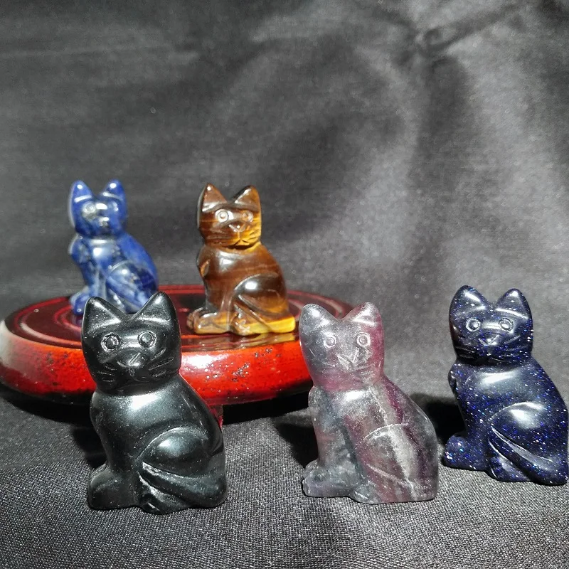 1pcs natural crystal cat statue rose quartz amethyst obsidian reiki healing animals figurines lucky stones home decor crafts free global shipping