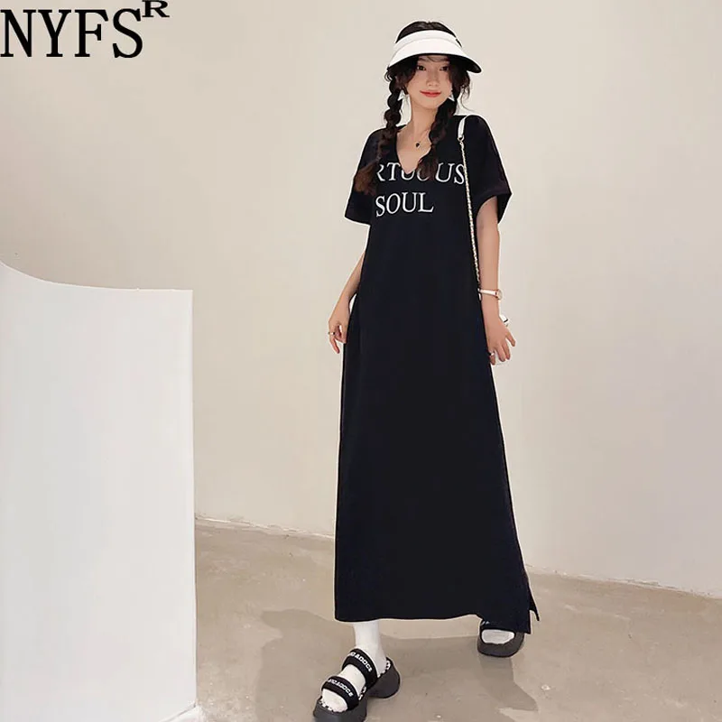 

Женское свободное платье NYFS, длинное Хлопковое платье в Корейском стиле с коротким рукавом и разрезом, лето 2022