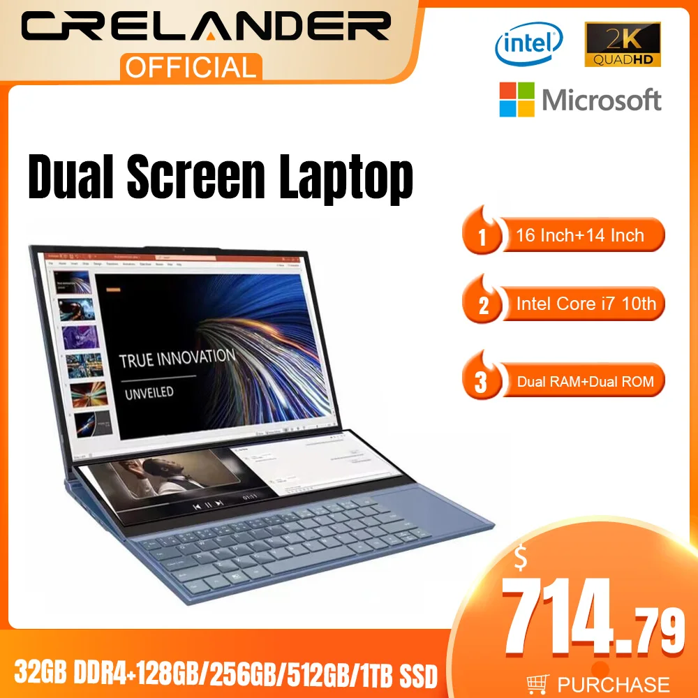 CRELANDER Dual Screen Laptop 16.1 Inch + 14.1 Inch Touch Screen Core i7 10750H Processor Gaming Laptop Notebook Computer