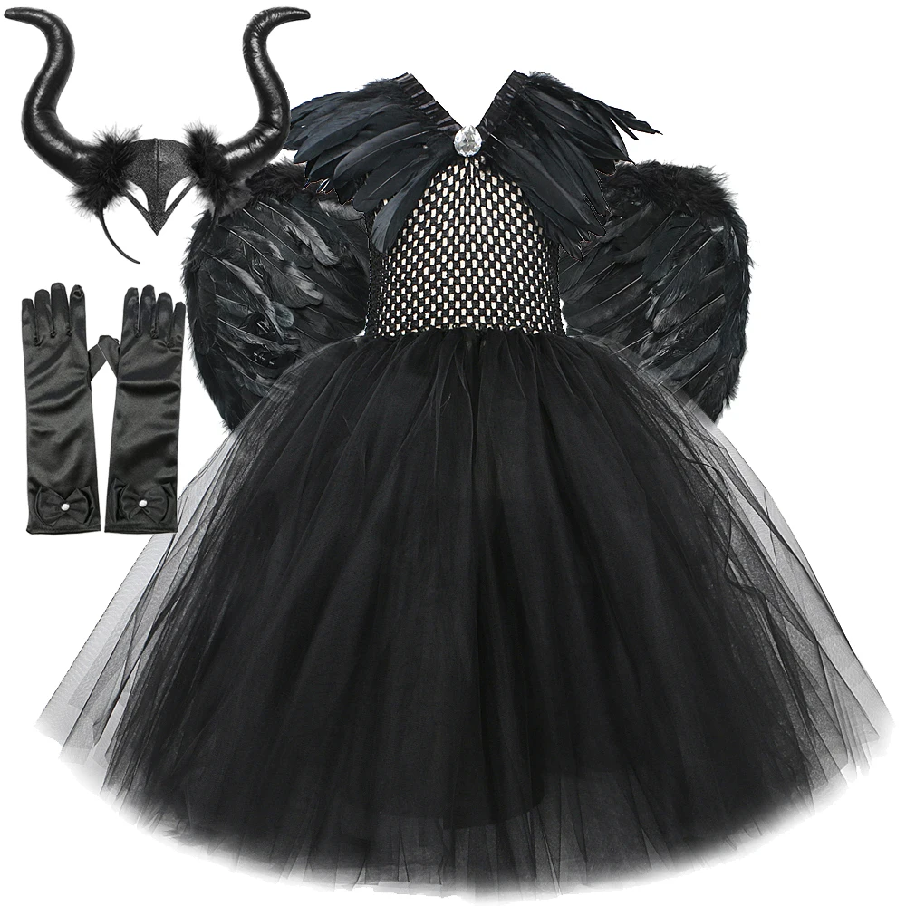 

Black Feather Halloween Costumes for Girls Kids Devil Witch Long Tutu Dress with Horns Wings Children Evil Queen Cosplay Outfit