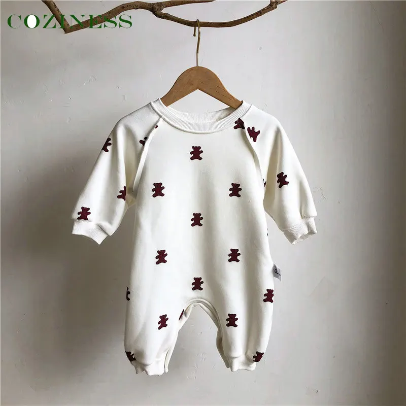 Newborn Baby Romper Soft Cotton Plus Velvet Thicken Keep Warm Jumpsuit Solid Color Cute Bear Print Outdoor Romper Winter New
