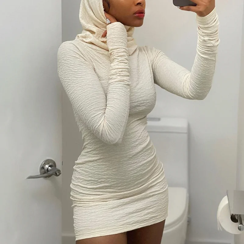 

Women Pure Color Casual Tight-fitting Long-sleeved Autumn Elegant Dress Basic Retro 2021 Hooded Tight-fitting Dress Mini Costume