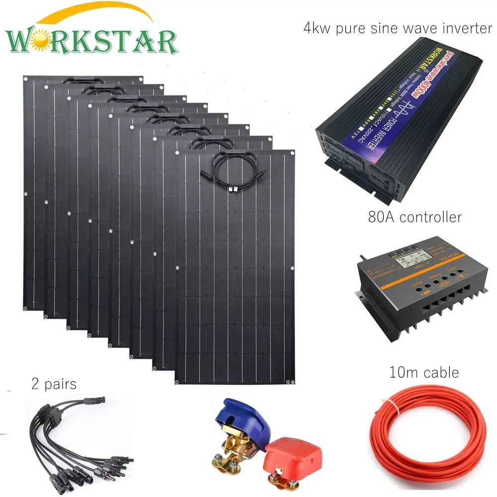 

WORKSTAR 100w Flexible Solar Panel 8pcs ETFE Panel Solar Charger 800W Solar System With 4kw Inverter 80A Controller Solar 100W