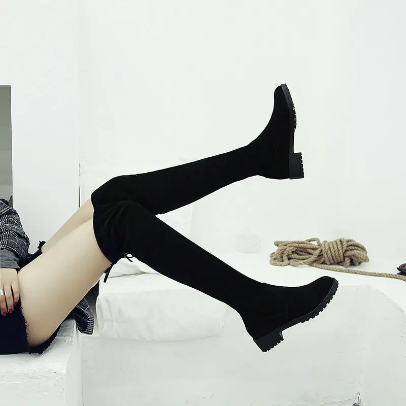 

Зимние Модные длинные сапоги на плоской подошве для женщин, высокие сапоги до бедра, женская обувь из искусственной замши на ремешках, женск...