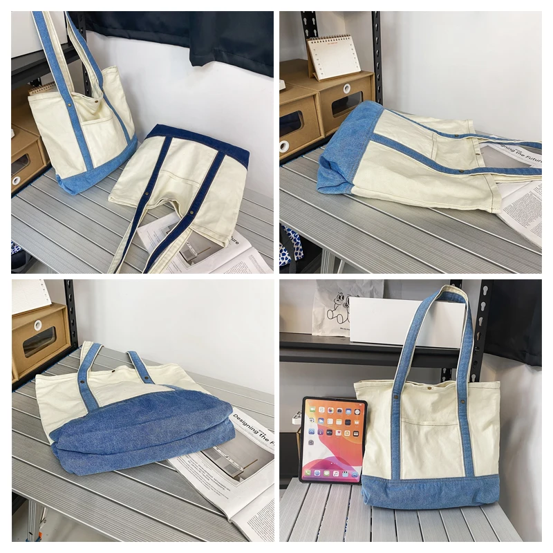Denim Handbags For Women College Student Canvas Shoulder Bag Student Jeans Big Shoppers Eco Bag Korean Fashion Daily Bags Travel