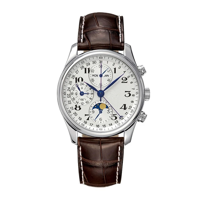 

Роскошные водонепроницаемые мужские механические часы Moon Phase автоматический коричневый кожаный ремешок складная застежка