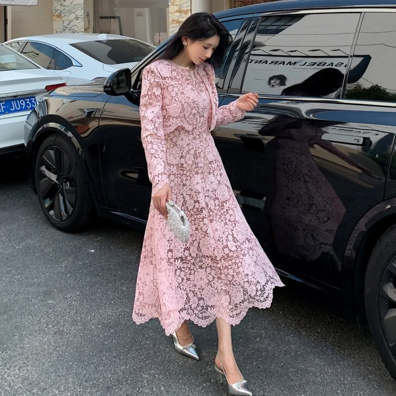 Pink water-soluble lace dress long sleeved cardigan top heavy two piece set only Luxury temperament socialite style