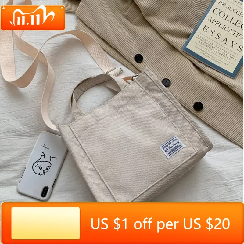 

Autumn Corduroy Casual Women's Tote Shoulder Bag Retro Art Canvas Crossbody Bag for Women Cotton Zipper Handbags Luxury Designer