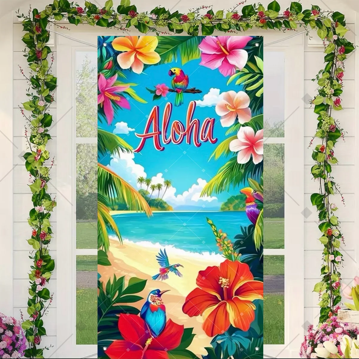 Фото Тропический декор Aloha: Флаг-панно для двери, гавайская пальма, фламинго, пляжная тематика, украшение для дня рождения, плакат для фотозоны №4