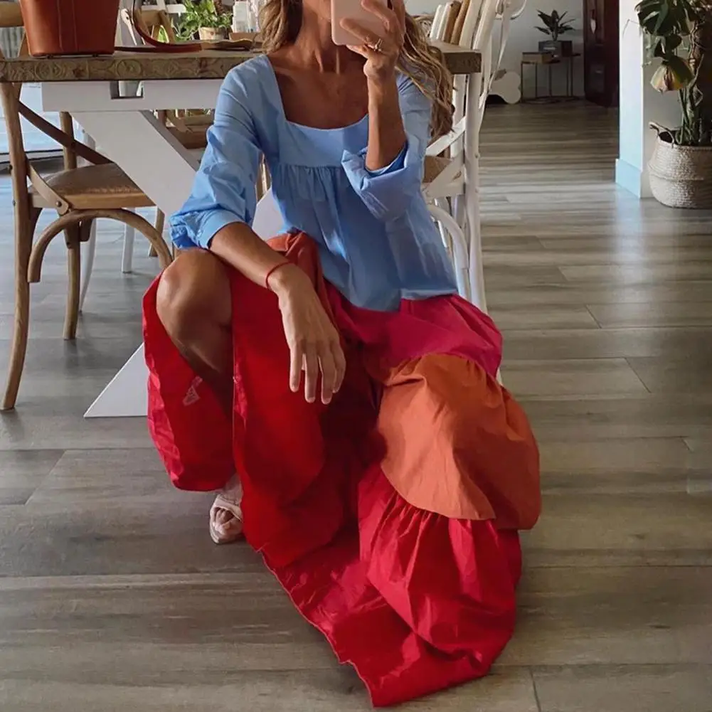 

Women Dress Four Colors Matching Party Dress Folds Large Hem Long Dress