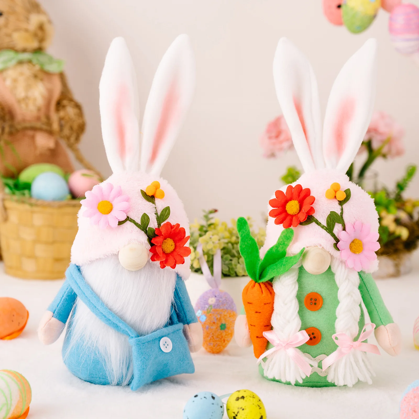 

Cute Easter Rabbit Gnome Doll Cartoon Flower Hat Rabbit Doll Holding Radish Ornaments Happy Easter Spring Decoration for Home