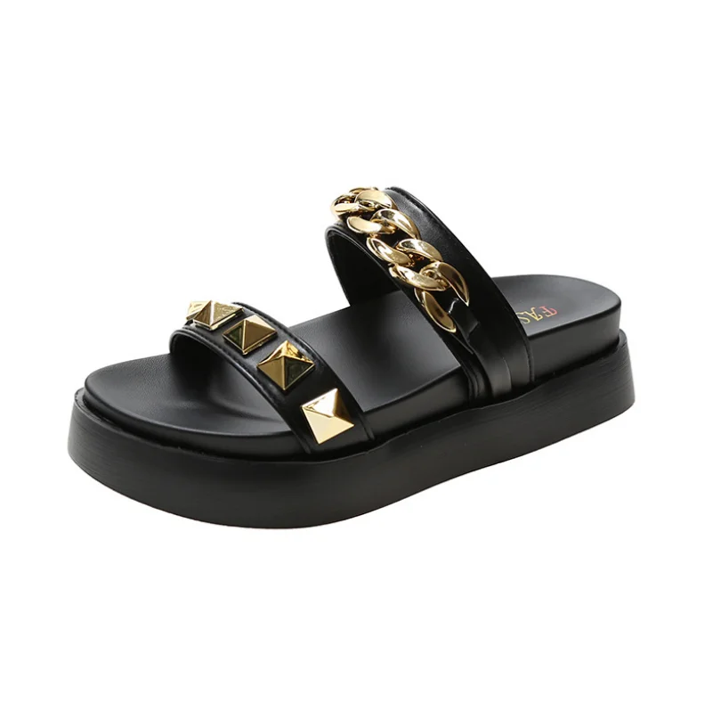 

Summer New Metal Chain Platform Women'S Sandals Rivets Height Increasing Roman Sandals Open Toe Beach Slippers Rivets Shoes