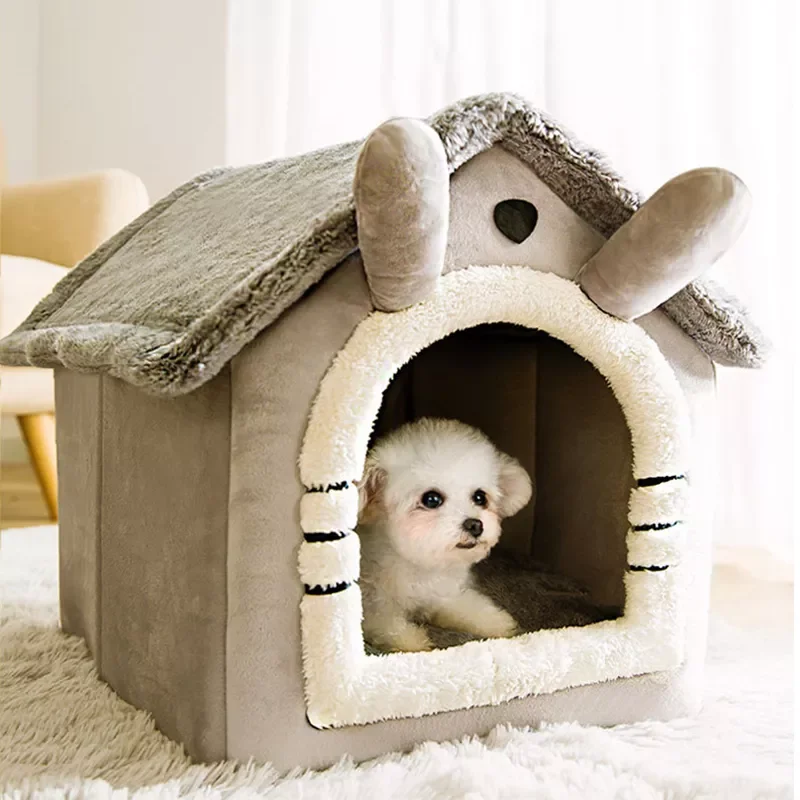 

Dog House Kennel Soft Pet Bed Small Cat Tent Indoor Enclosed Warm Plush Sleeping Nest Basket with Removable Cushion Pet Supplies