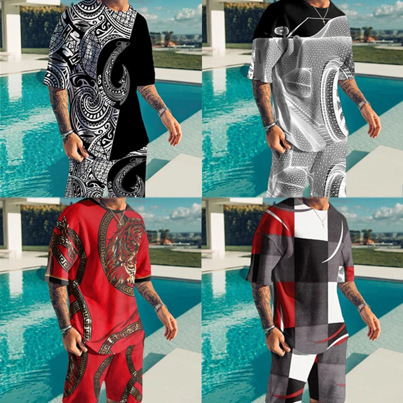 Men's Oversited Tshirt and short, Casual, Beach Style, European and American Trendy, 3D Digital Printing Texture, Summer New 202