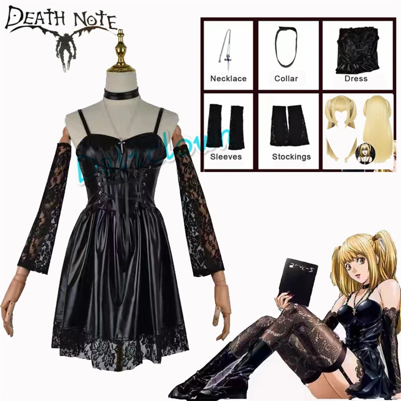 Anime Death Note Misa Amane Cosplay Costume Amne Faux Leather Sexy Dress Stockings Gloves Clothes Necklace Outfit Halloween Wig