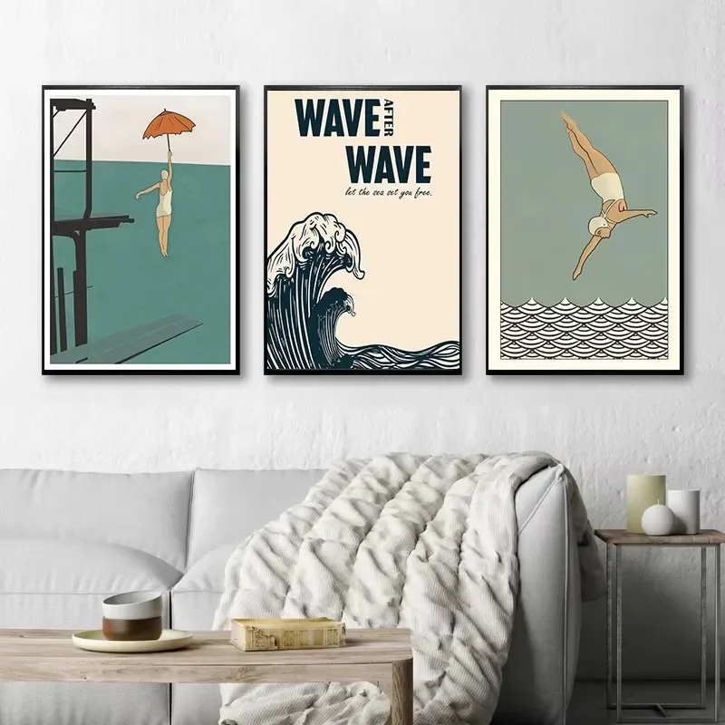 Винтажный постер для серфинга на пляже Абстрактная Картина холсте дайвинга