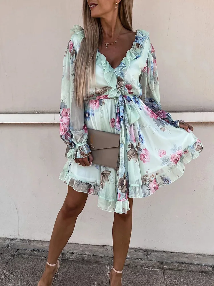 

Women Long Sleeve Lace-Up Ruffles Party Dress Floral Printing V-Neck Summer Sweet Ladies Holiday Dress Streetwear Dropshipping