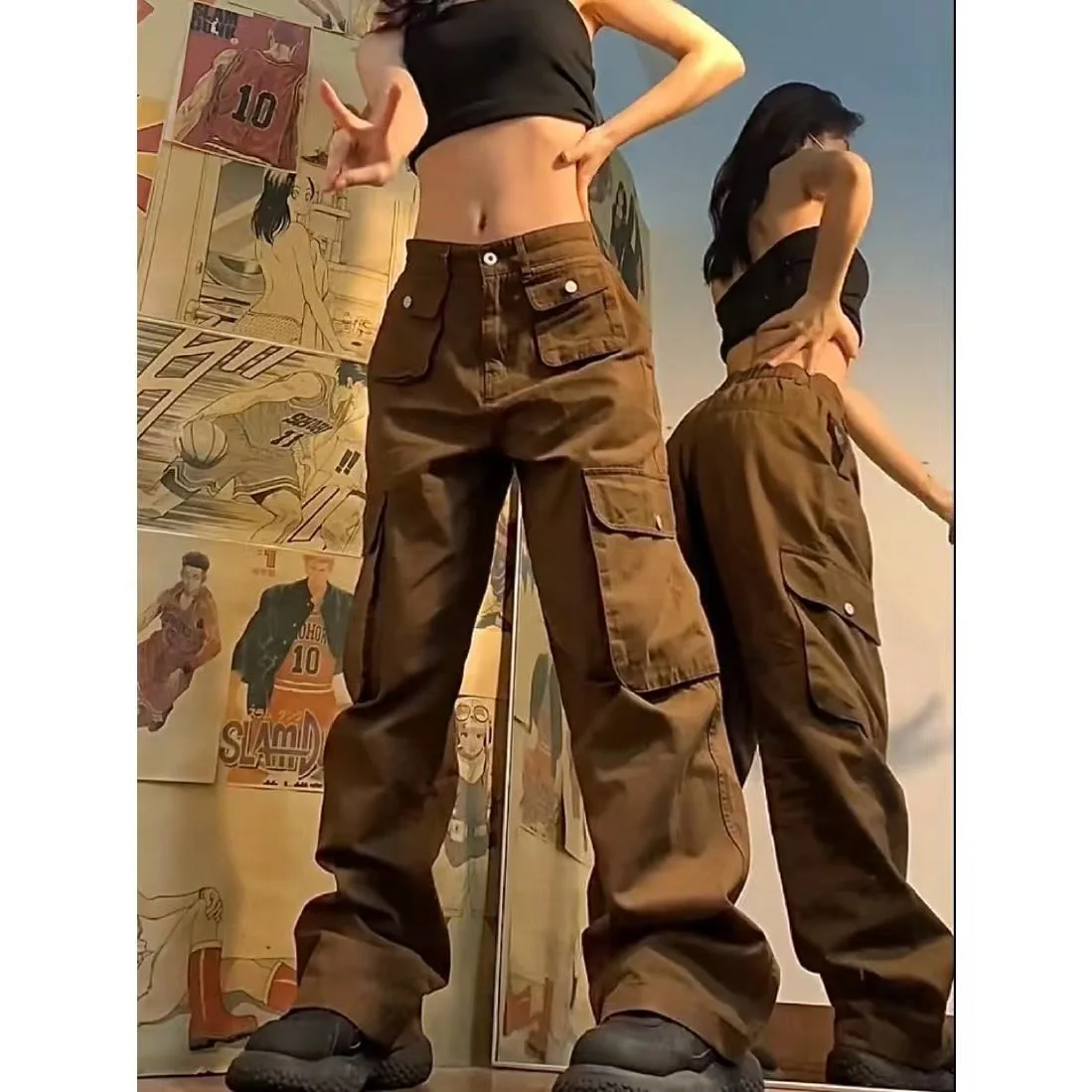

American Vintage Work Pants Female Multi Pocket Korean Straight Loose Style 2023 High Waisted Wide Legged Pants Tide Trousers