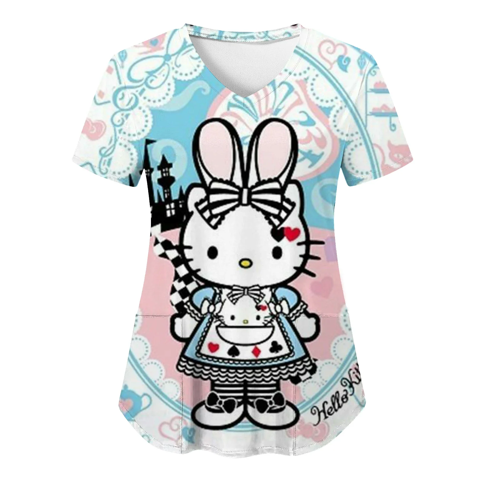 Футболка женская с принтом Hello Kitty повседневный топ коротким рукавом и V-образным