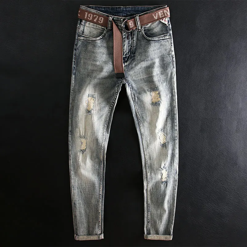 Newly Designer Fashion Men Jeans Retro Gray Blue Elastic Slim Fit Ripped Jeans Men Patchwork Vintage Casual Denim Pants Hombre