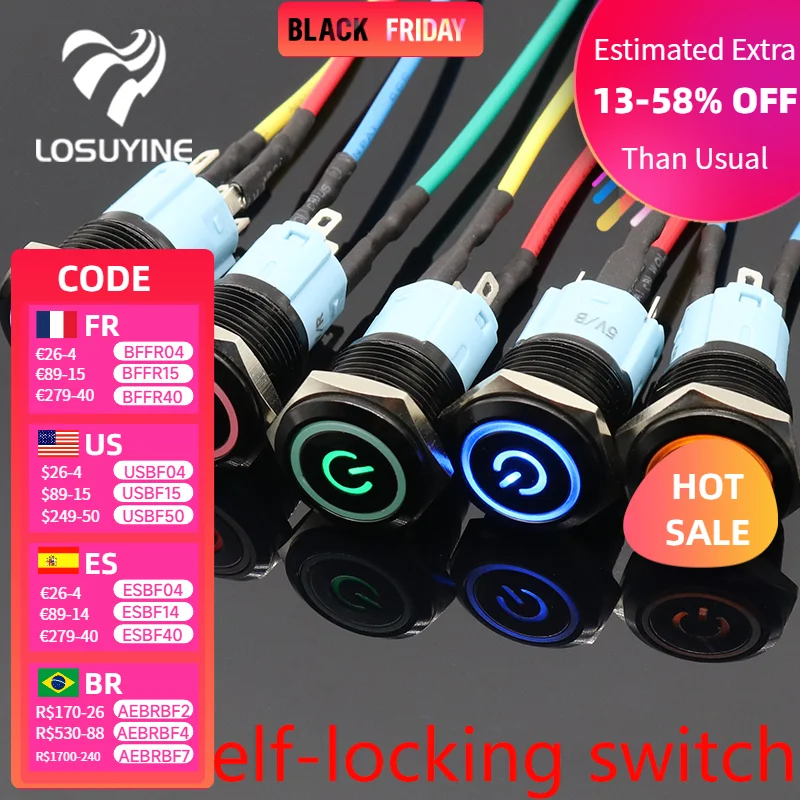 

Светодиодный блокировочный 16 мм водонепроницаемый металлический кнопочный переключатель поддерживаемый металлический переключатель Блокировка Кнопка 5 в 12 В 220 В