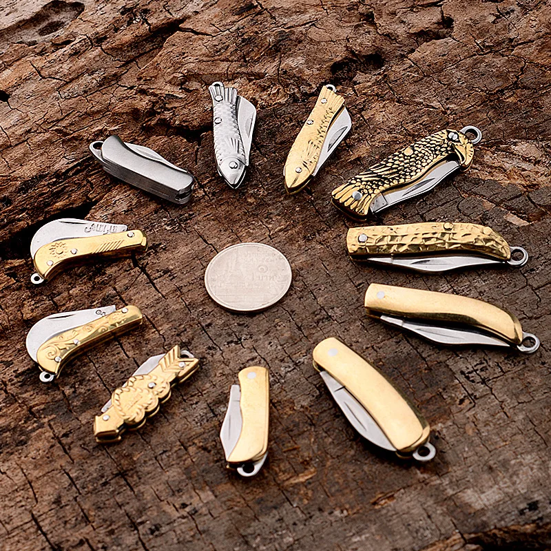 Mini Knife Folding Cleaver Blade Portable Pocket Fruit Cutter Brass Keychain Pendant Camping Defense Tactical Rescue Hunting |