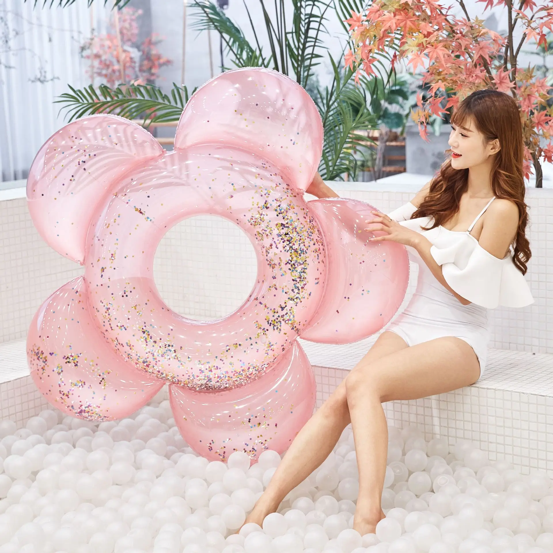 New Pink Flower Inflatable Pool Float Swimming Ring Rubber Ring Pool Party Toys Water Mattress Beach Bed For Adults Child