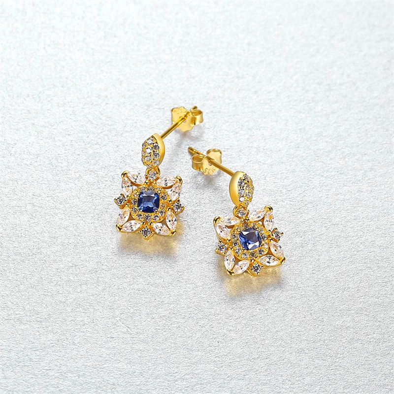 

ZX Elegant Square Sapphire Silver 925 Jewelry Earring With Real Stones Flower Gold Earrings For Women Luxury Fine Jewelry Party