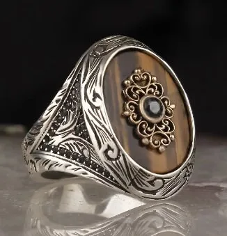 

Мужское кольцо из стерлингового серебра с натуральным камнем (тигровые глаза), оттоманское серебро, ручная работа 925k, Сделано в Турции, отли...